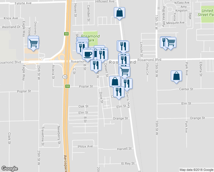 map of restaurants, bars, coffee shops, grocery stores, and more near 2801 Desert Street in Rosamond