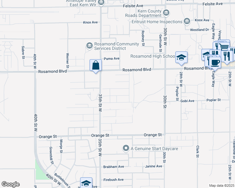 map of restaurants, bars, coffee shops, grocery stores, and more near 3324 Kellie Avenue in Rosamond