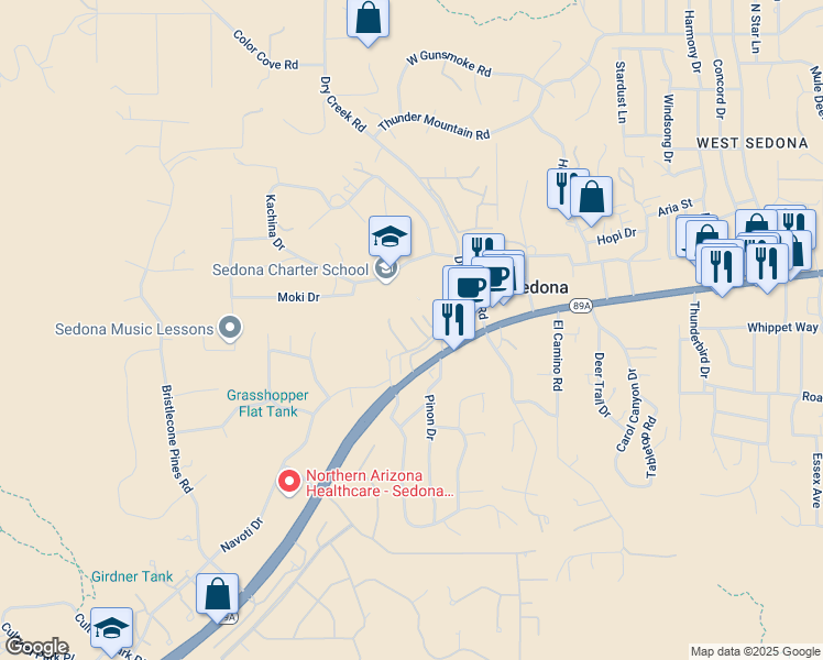 map of restaurants, bars, coffee shops, grocery stores, and more near 45 Calle Del Medio in Sedona