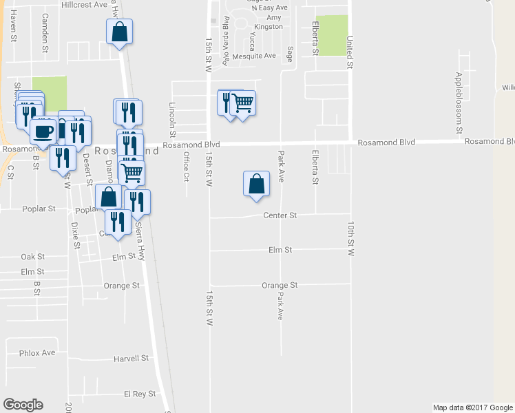 map of restaurants, bars, coffee shops, grocery stores, and more near 1258 Rosamond Boulevard in Rosamond