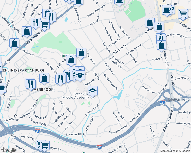 map of restaurants, bars, coffee shops, grocery stores, and more near 1800 East North Street in Greenville