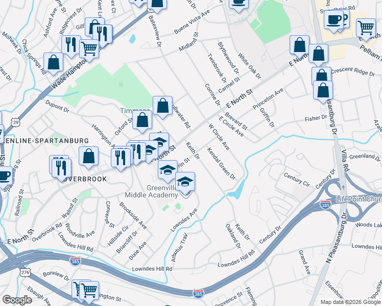 map of restaurants, bars, coffee shops, grocery stores, and more near 1800 East North Street in Greenville