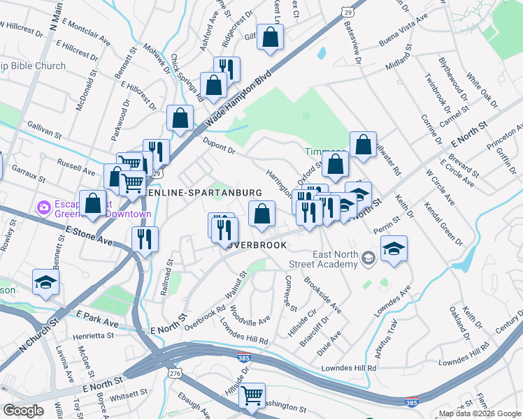 map of restaurants, bars, coffee shops, grocery stores, and more near 32 Spartanburg Street in Greenville