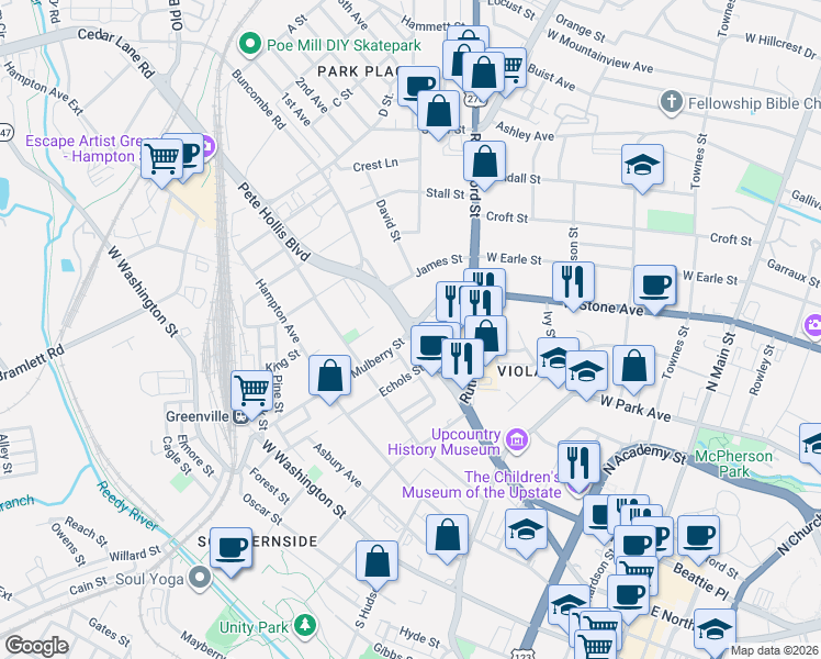 map of restaurants, bars, coffee shops, grocery stores, and more near 1000 Pete Hollis Boulevard in Greenville