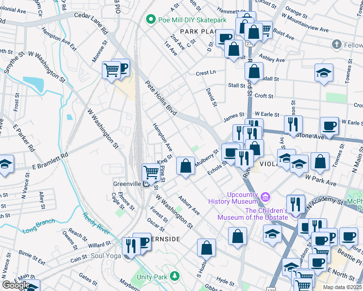 map of restaurants, bars, coffee shops, grocery stores, and more near 410 Pinckney Street in Greenville