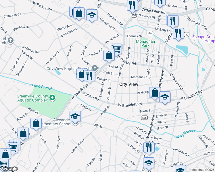 map of restaurants, bars, coffee shops, grocery stores, and more near 16 Zarline Street in Greenville