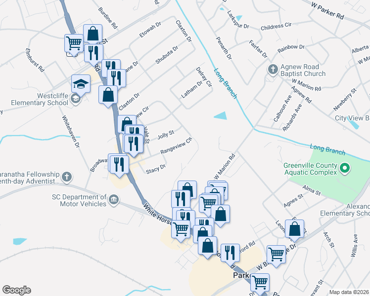 map of restaurants, bars, coffee shops, grocery stores, and more near 413 Rangeview Circle in Greenville