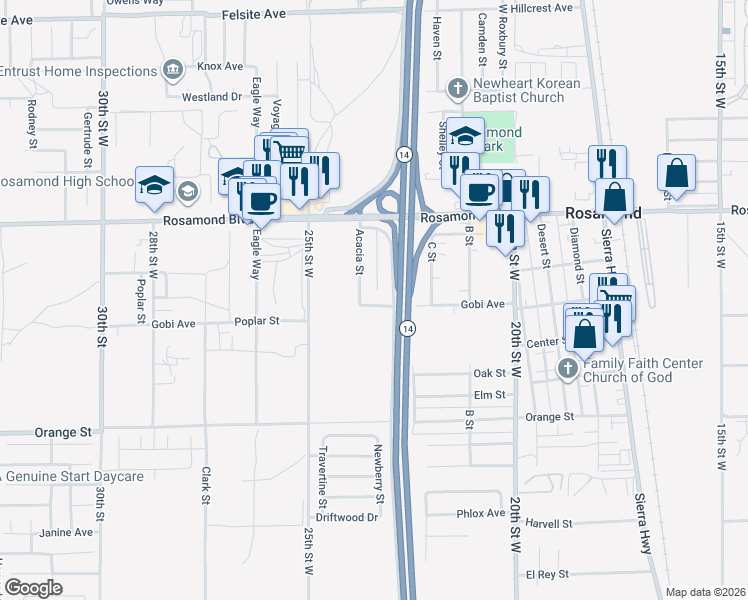 map of restaurants, bars, coffee shops, grocery stores, and more near 2361 Poplar Street in Rosamond