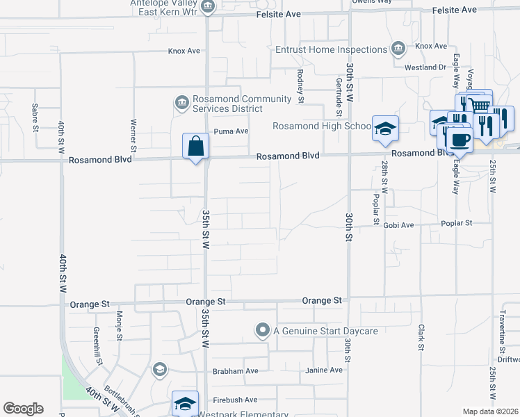 map of restaurants, bars, coffee shops, grocery stores, and more near 3324 Kellie Avenue in Rosamond