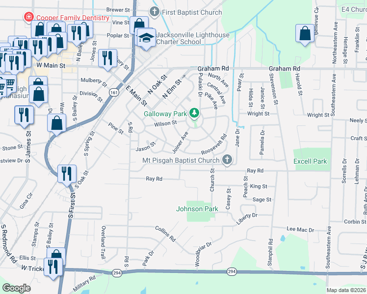 map of restaurants, bars, coffee shops, grocery stores, and more near 114 Joiner Avenue in Jacksonville