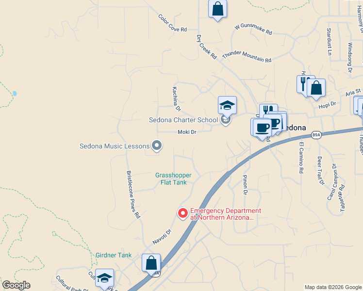 map of restaurants, bars, coffee shops, grocery stores, and more near 80 Rimstone Circle in Sedona
