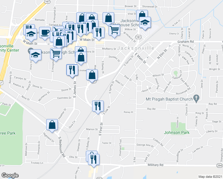 map of restaurants, bars, coffee shops, grocery stores, and more near 603 South Spring Street in Jacksonville