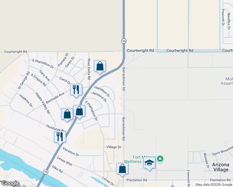 map of restaurants, bars, coffee shops, grocery stores, and more near 10206 Townsend Circle in Mohave Valley