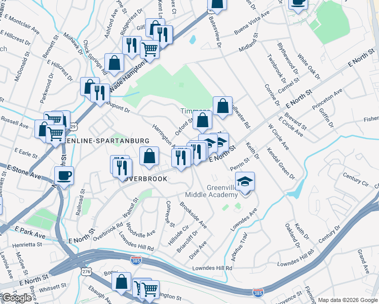 map of restaurants, bars, coffee shops, grocery stores, and more near 3 Prescott Street in Greenville