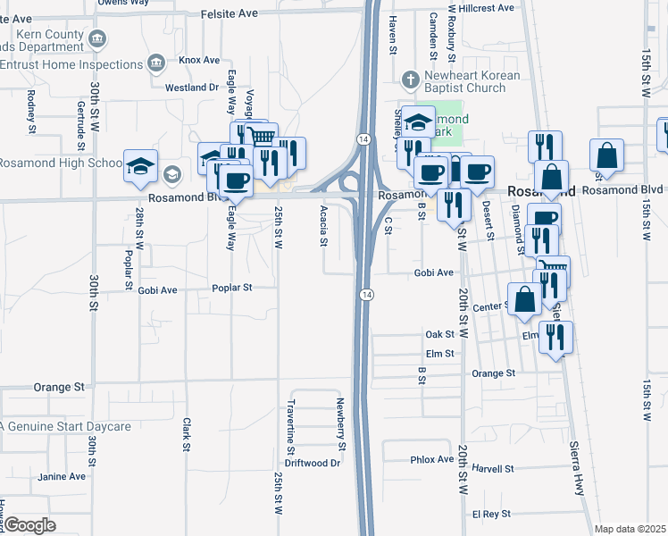 map of restaurants, bars, coffee shops, grocery stores, and more near 2361 Poplar Street in Rosamond