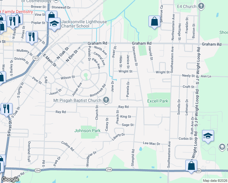 map of restaurants, bars, coffee shops, grocery stores, and more near 1010 Towering Oaks Drive in Jacksonville