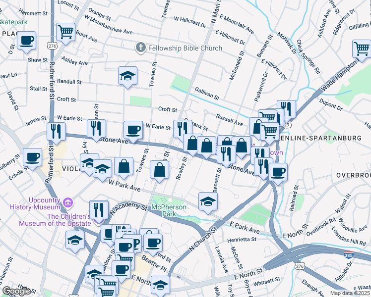 map of restaurants, bars, coffee shops, grocery stores, and more near 8275 East Stone Avenue in Greenville