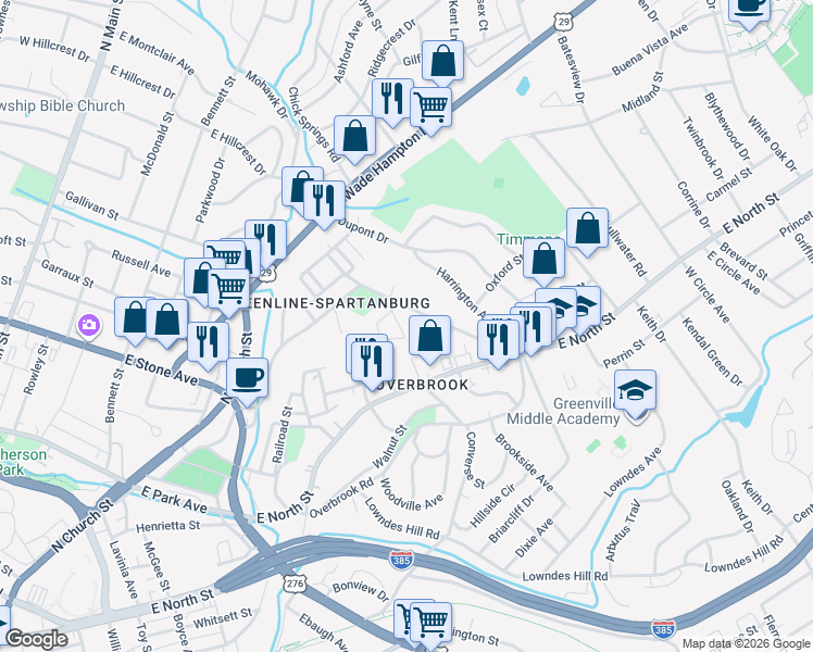 map of restaurants, bars, coffee shops, grocery stores, and more near 40 Hollywood Circle in Greenville