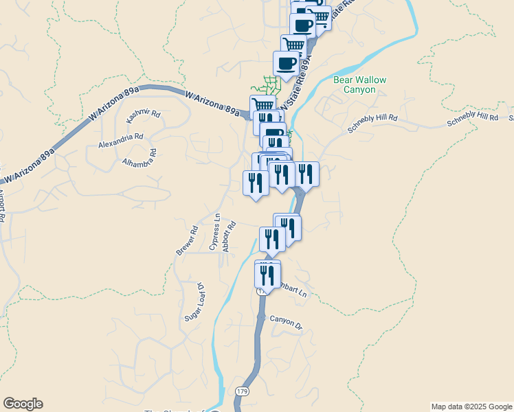 map of restaurants, bars, coffee shops, grocery stores, and more near 160 Portal Lane in Sedona