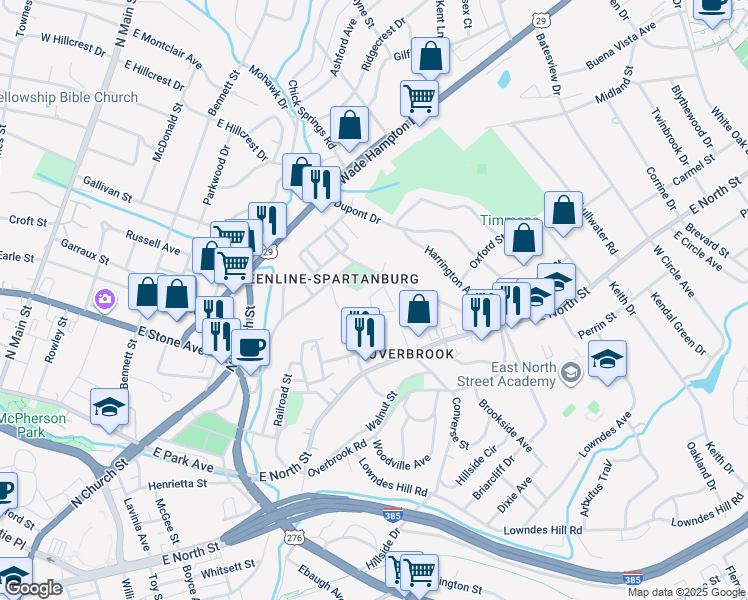 map of restaurants, bars, coffee shops, grocery stores, and more near 14 Hollywood Circle in Greenville