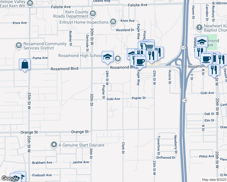 map of restaurants, bars, coffee shops, grocery stores, and more near 2776 Sycamore Avenue in Rosamond