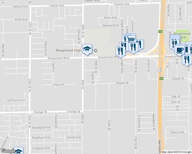 map of restaurants, bars, coffee shops, grocery stores, and more near 28th Street West & Sycamore Avenue in Rosamond