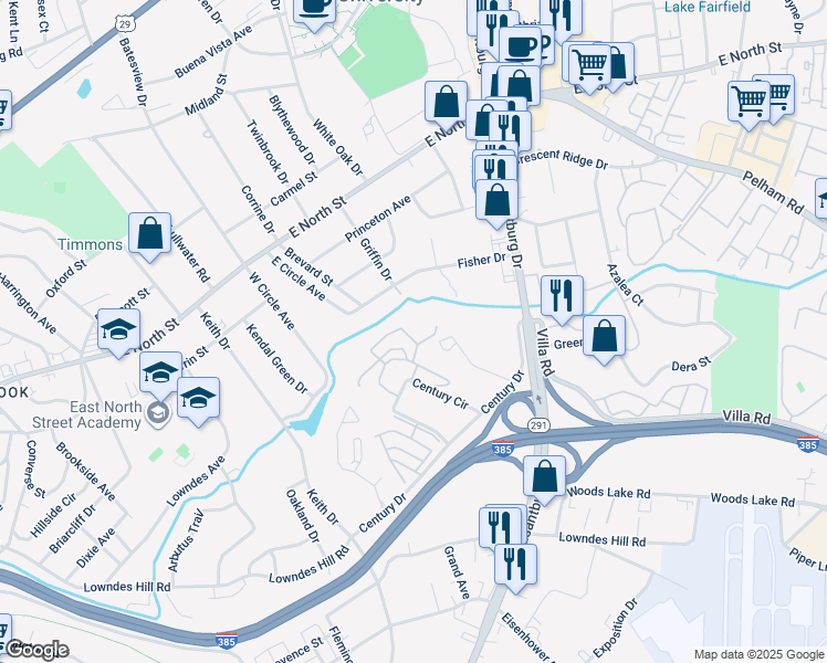 map of restaurants, bars, coffee shops, grocery stores, and more near 65 Century Circle in Greenville