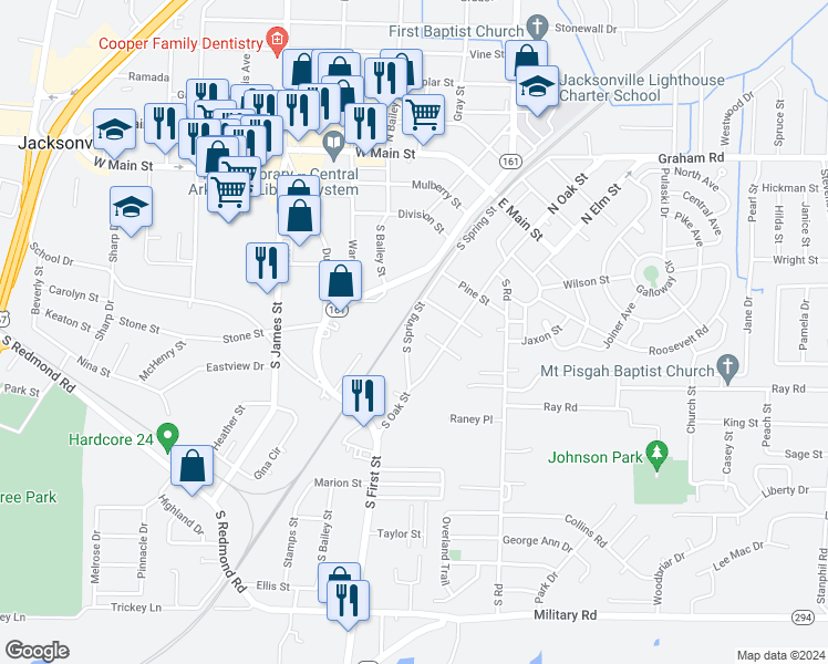 map of restaurants, bars, coffee shops, grocery stores, and more near 601 South Spring And 603 Street in Jacksonville