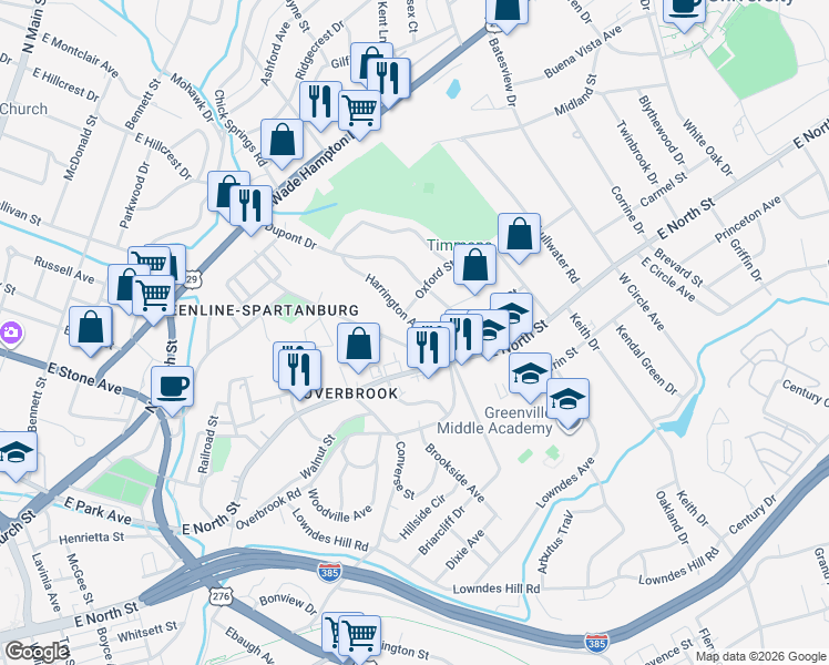 map of restaurants, bars, coffee shops, grocery stores, and more near 19 Harrington Avenue in Greenville