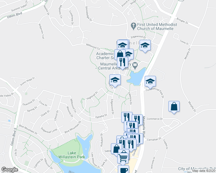 map of restaurants, bars, coffee shops, grocery stores, and more near 13 Southland Court in Maumelle