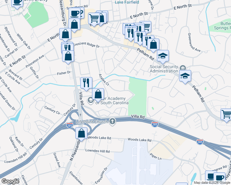 map of restaurants, bars, coffee shops, grocery stores, and more near 220 Azalea Court in Greenville