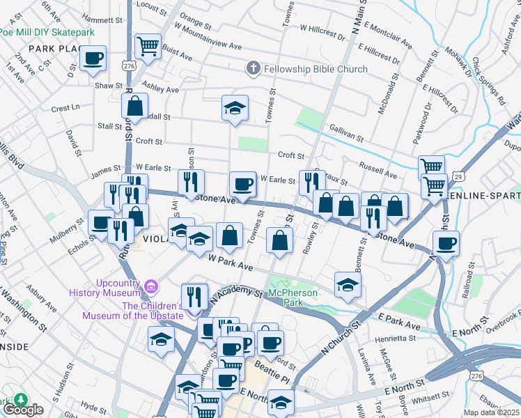 map of restaurants, bars, coffee shops, grocery stores, and more near 103 West Stone Avenue in Greenville