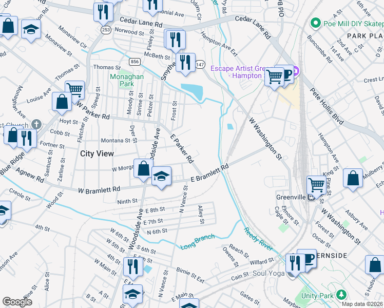 map of restaurants, bars, coffee shops, grocery stores, and more near 102 East Parker Road in Greenville