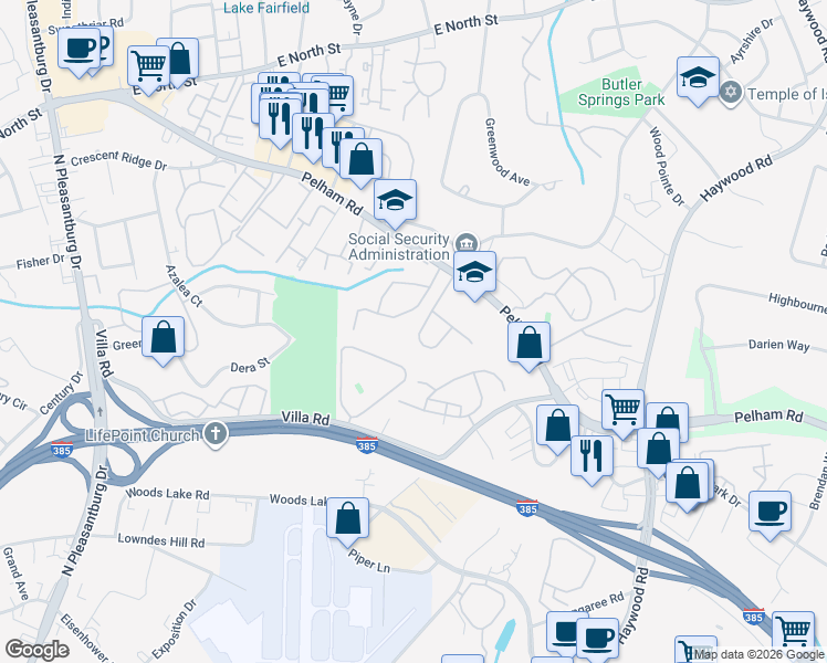 map of restaurants, bars, coffee shops, grocery stores, and more near 120 Covey Hill Lane in Greenville