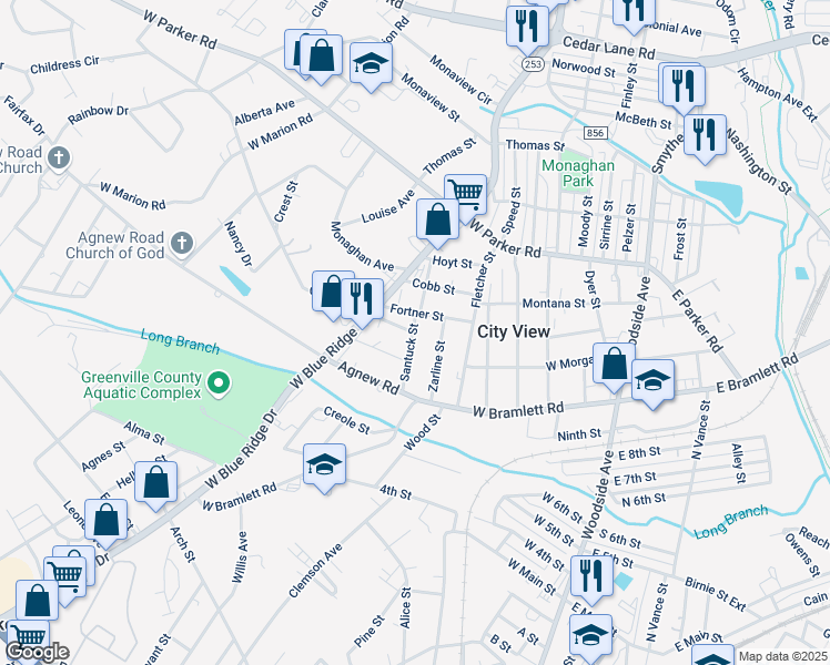 map of restaurants, bars, coffee shops, grocery stores, and more near 21 Santuck Street in Greenville