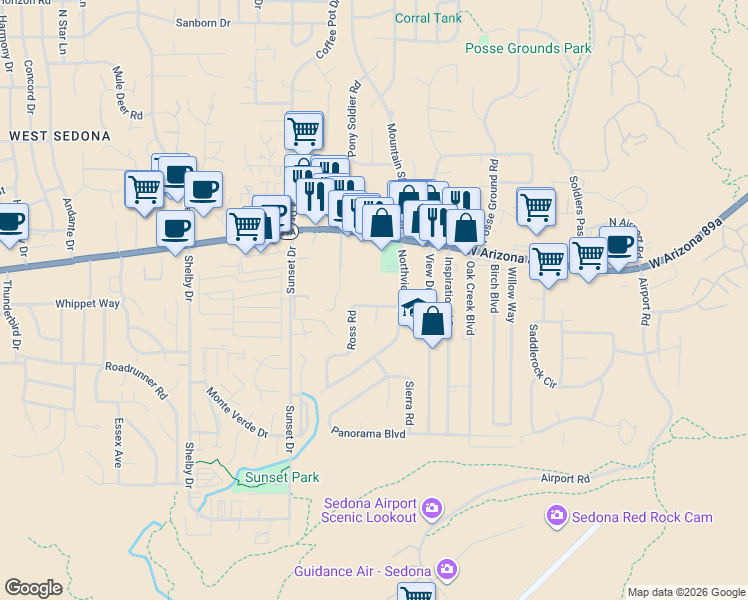 map of restaurants, bars, coffee shops, grocery stores, and more near 65 Ross Road in Sedona