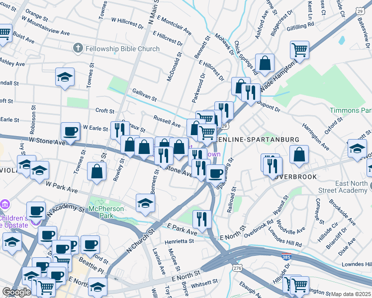 map of restaurants, bars, coffee shops, grocery stores, and more near 221 East Earle Street in Greenville