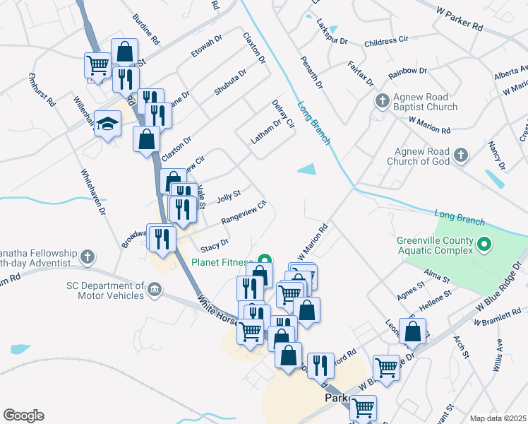 map of restaurants, bars, coffee shops, grocery stores, and more near 413 Rangeview Circle in Greenville