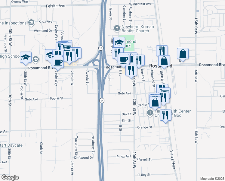 map of restaurants, bars, coffee shops, grocery stores, and more near 2810 C Street in Rosamond