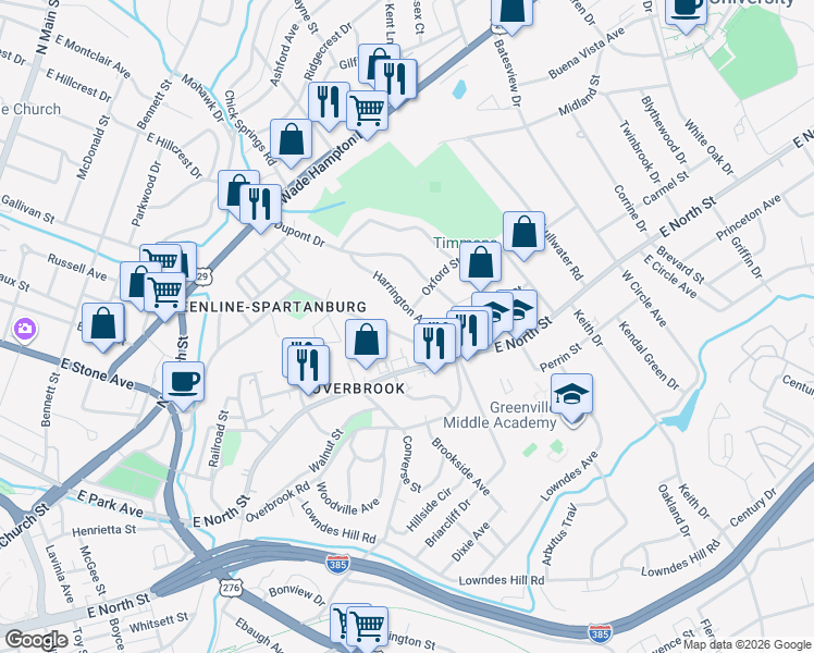 map of restaurants, bars, coffee shops, grocery stores, and more near 19 Harrington Avenue in Greenville