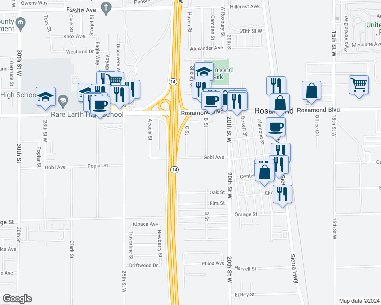 map of restaurants, bars, coffee shops, grocery stores, and more near 2810 C Street in Rosamond