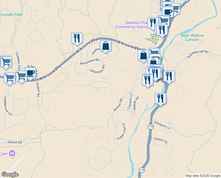map of restaurants, bars, coffee shops, grocery stores, and more near 200 Les Springs Drive in Sedona