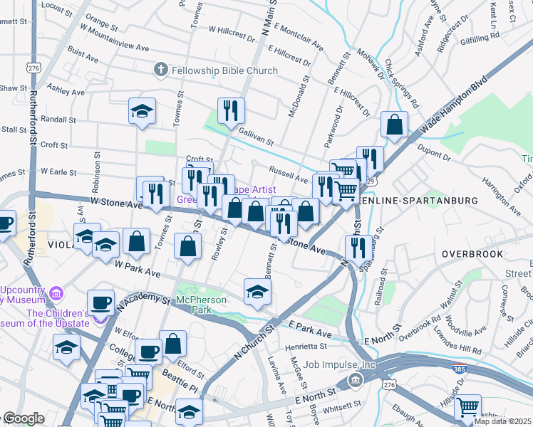 map of restaurants, bars, coffee shops, grocery stores, and more near 112 East Earle Street in Greenville