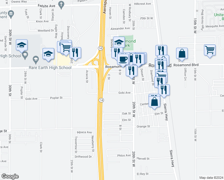 map of restaurants, bars, coffee shops, grocery stores, and more near 2810 C Street in Rosamond