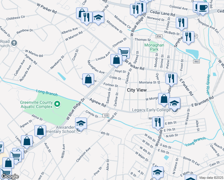 map of restaurants, bars, coffee shops, grocery stores, and more near 21 Santuck Street in Greenville