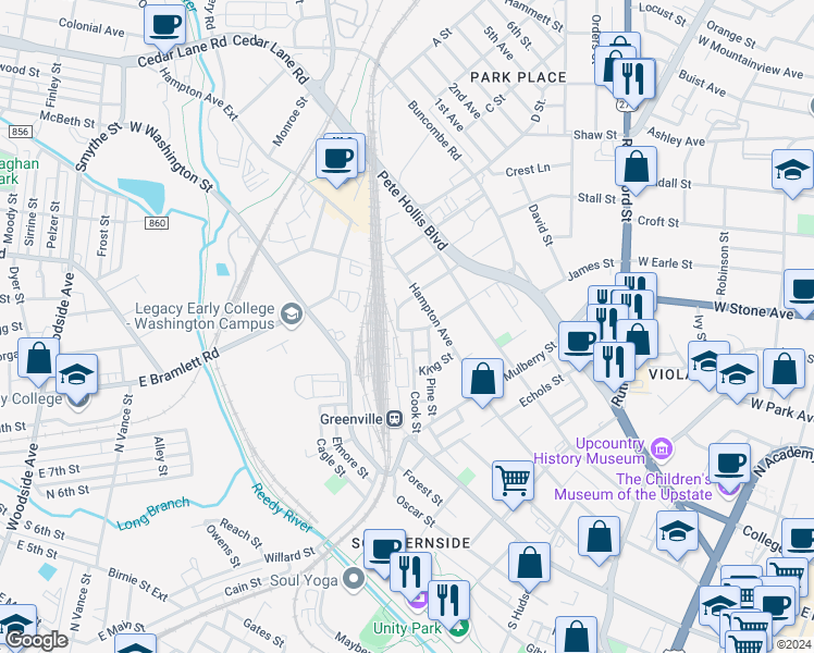 map of restaurants, bars, coffee shops, grocery stores, and more near 314 Frank Street in Greenville