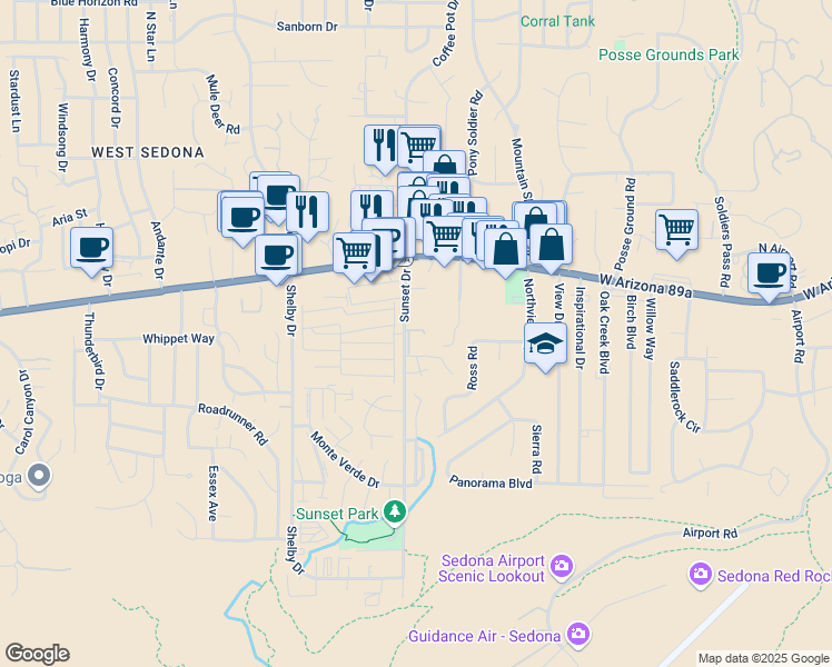 map of restaurants, bars, coffee shops, grocery stores, and more near 230 Sunset Drive in Sedona