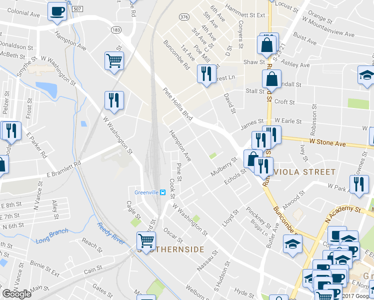 map of restaurants, bars, coffee shops, grocery stores, and more near 810 Hampton Avenue in Greenville