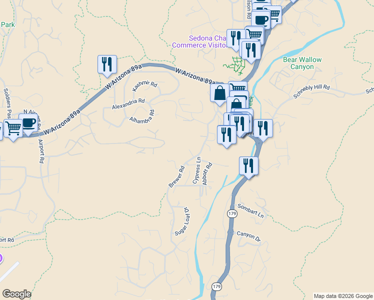 map of restaurants, bars, coffee shops, grocery stores, and more near 355 Brewer Road in Sedona