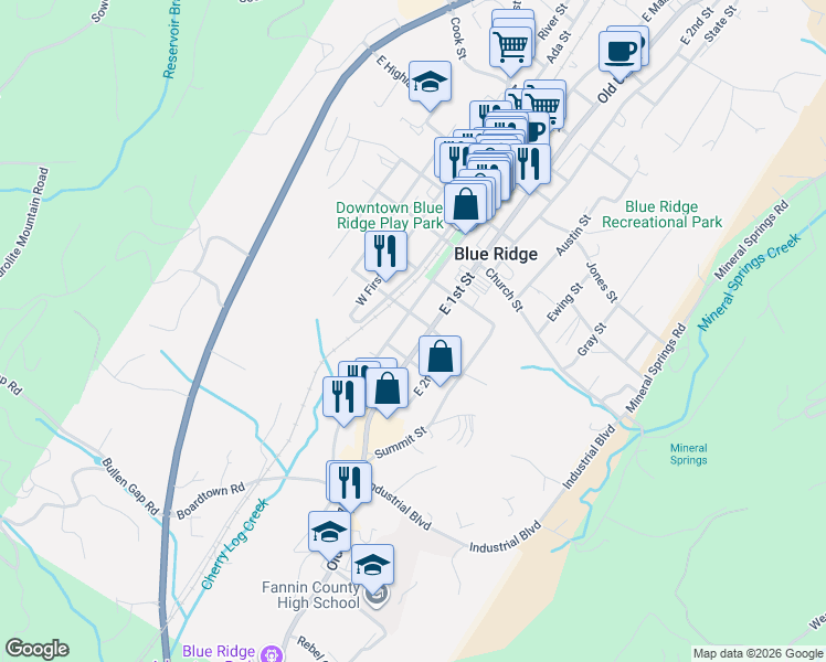 map of restaurants, bars, coffee shops, grocery stores, and more near 190 McKinney Street in Blue Ridge